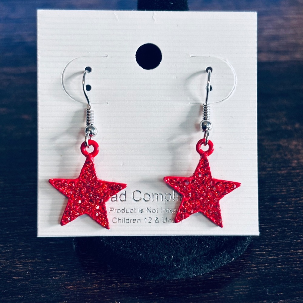 Red Glitter Star Drop Earrings Silver Tone Fishhook Celestial Jewelry